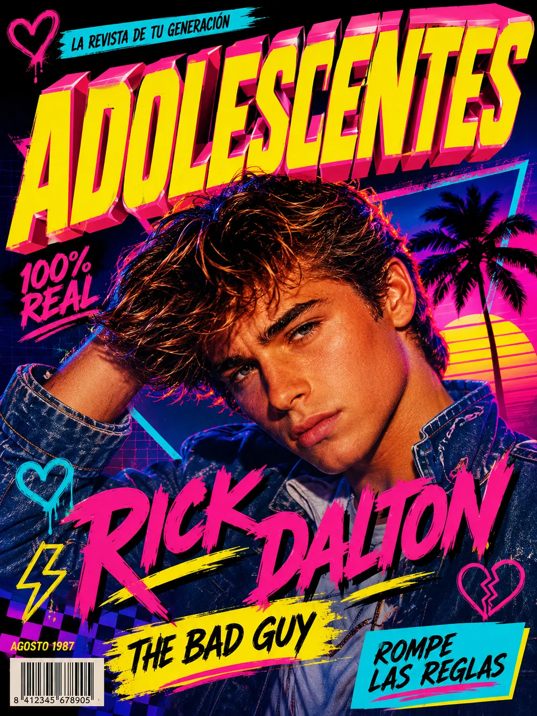 Portada editorial ochentera de revista adolescente con tipograf&iacute;a explosiva