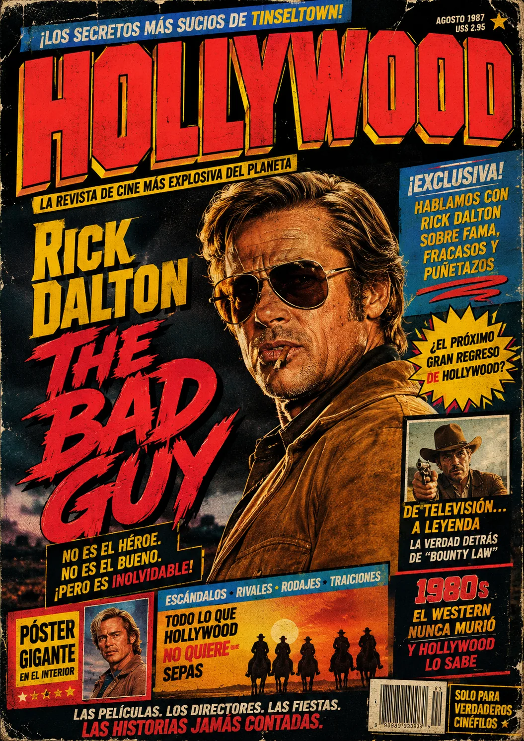 Portada editorial de cine western ochentera con actor, tipograf&iacute;a roja y textura gastada