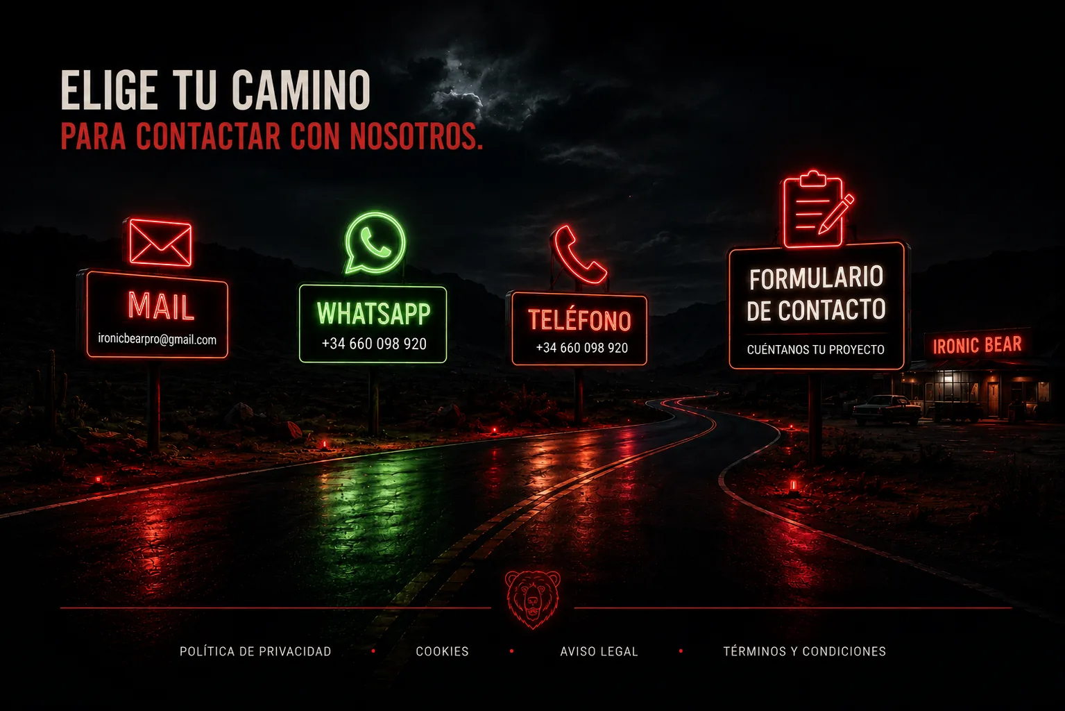 Carretera nocturna con se&ntilde;ales luminosas para elegir una forma de contacto
